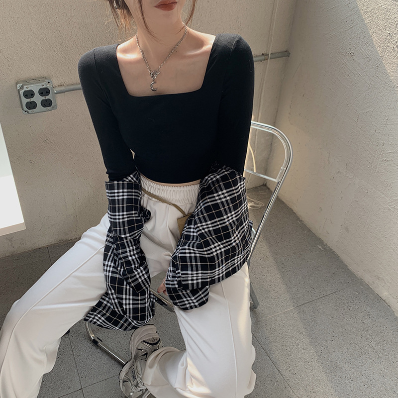 Principios de otoño diseño de manga larga Camiseta cuello cuadrado de las mujeres slim fit adelgazar clavícula cuello bajo ombligo corto camisa de fondo superior