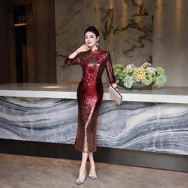 亮片旗袍年新款秋装妈妈婚宴礼服喜婆婆婚礼敬酒服高贵连衣裙