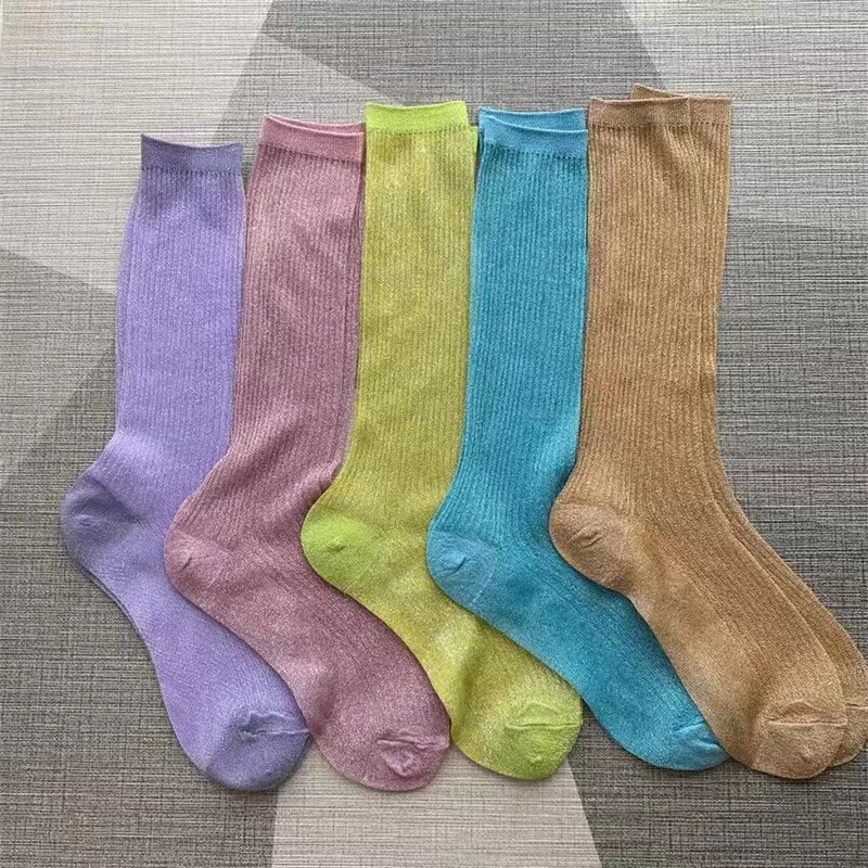 Japanese Style Ultra-Thin Gold and Silver Silk Socks for Women, Bright Silk Pile Socks, Sweat-Absorbent and Breathable Mid-Calf Socks, Personalized Trendyy Jk Calf Socks