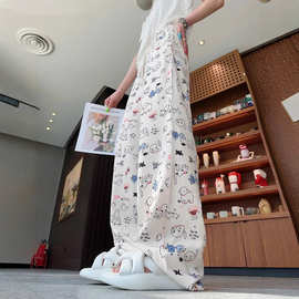 美式小众涂鸦印花冰丝休闲裤子2025夏季女高腰显瘦百搭直筒阔腿裤
