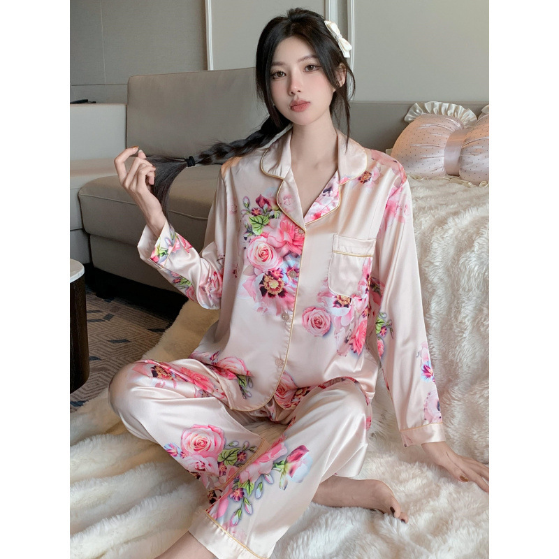 Pajama Factory's New Spring Collection: High-End Ice Silk Long-Sleeve Pajamas for Women, Fashionable and Suitable for Wearing Outside as Loungewear Sets Pajama Factory's New Spring Collection: High-End Ice Silk Long-Sleeve Pajamas for Women, Fashionable and Suitable for Wearing Outside as Loungewear Sets