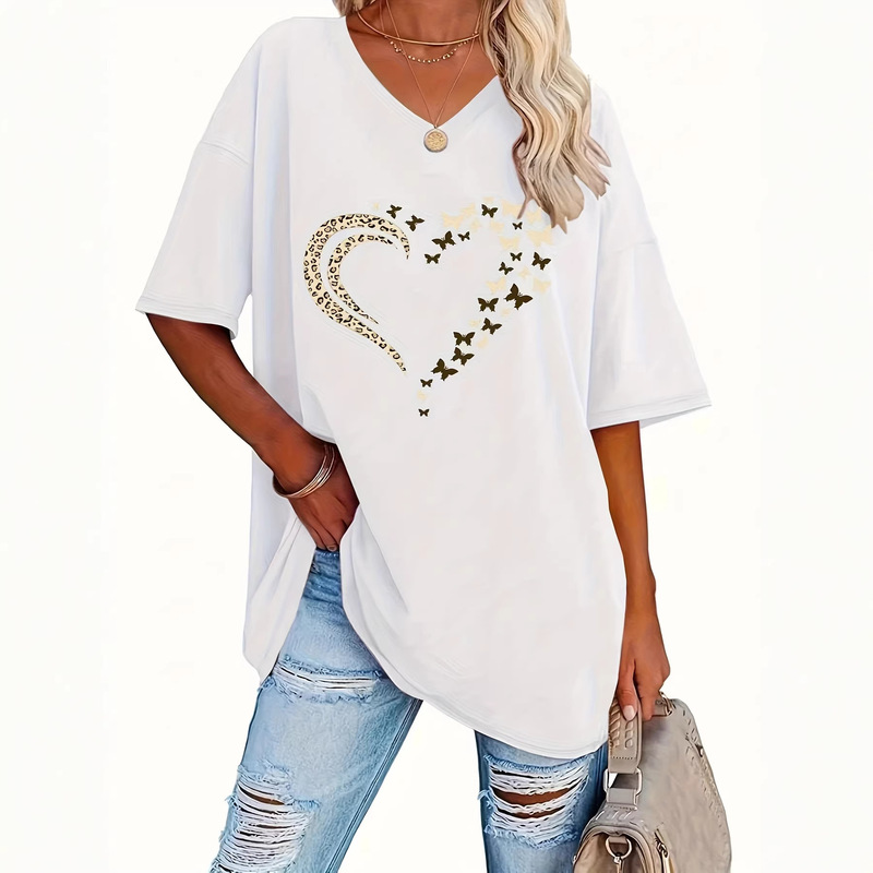 2025 Autumn New Heart Print Short Sleeve Loose T-Shirt in White, Black, Pink, Blue, Purple, European and American Style, Polyester 2025 Autumn New Heart Print Short Sleeve Loose T-Shirt in White, Black, Pink, Blue, Purple, European and American Style, Polyester