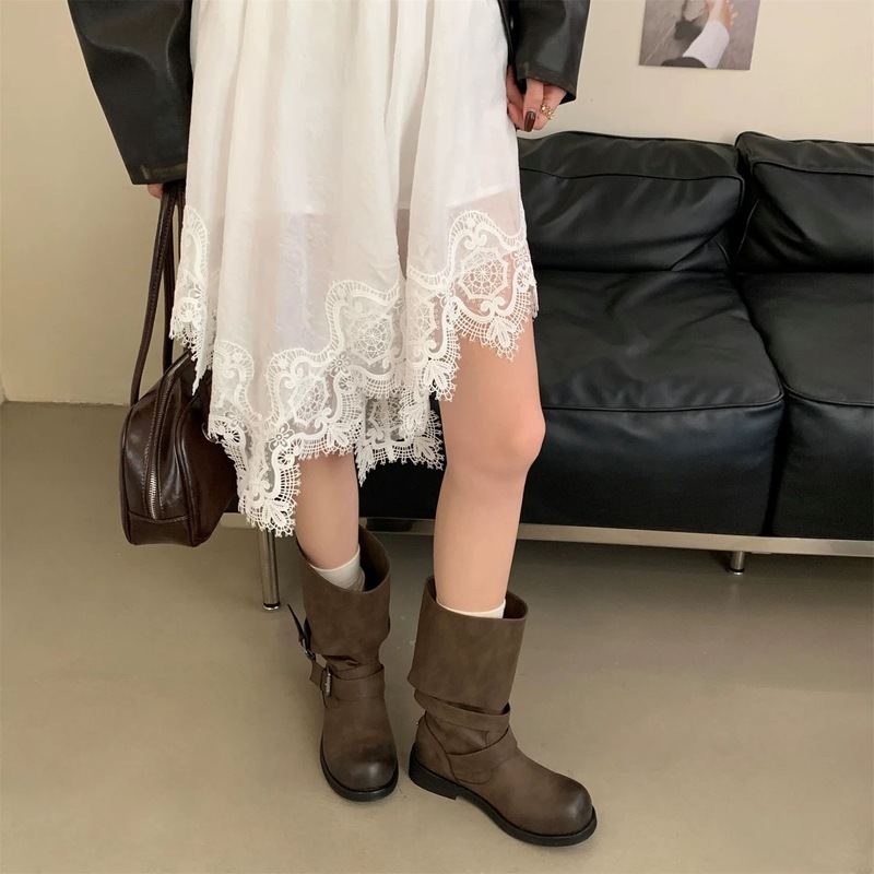 复古百搭瘦瘦中筒骑士靴女秋季棕色直筒张元英同款女团风长筒长靴|undefined