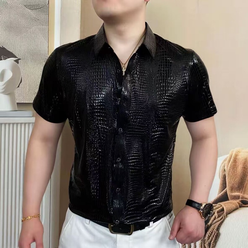 Summer Men's Thin New Style Shiny Versatile Crocodile-Pattern Breathable Short-Sleeve Turn-Down Collar Trendy Shirt, Slim Fit, Casual and Cool