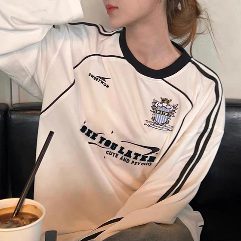 Felpa casual in stile americano con scollo rotondo e stampa di lettere, a blocchi di colore, vestibilità ampia, da donna, semplice da indossare durante il tragitto casa-lavoro_voghion.com