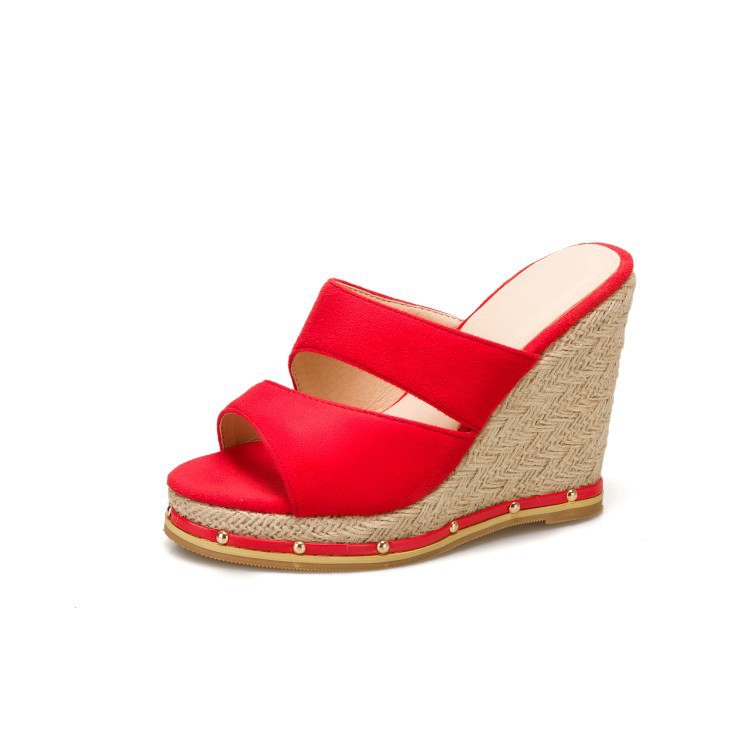 Nuova collezione estiva 2021 di scarpe con zeppa aperta in paglia intrecciata, stile europeo e americano, con blocchi di colore, taglie forti, disponibili in taglie forti._voghion.com
