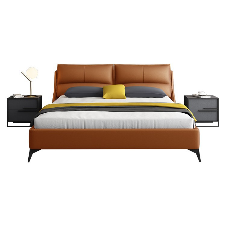 Cama doble de madera maciza con estructura acanalada de estilo italiano de lujo ligero, tapizada en cuero genuino, estilo wabi-sabi, para dormitorio principal. image 6