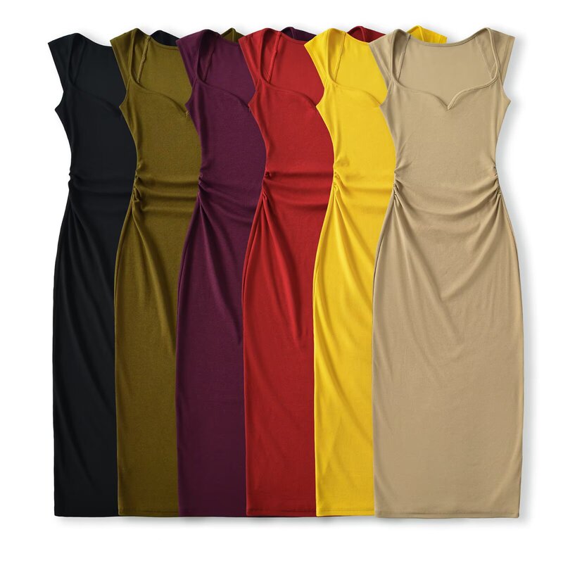 Pure Desire Heart V-Neck Sleeveless Dress for Women, Summer Waist-Cinching Side Pleated Slim Fit Bodycon Mid-Length Tank Dress