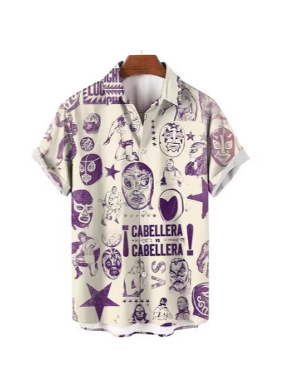 Men's Shirt with Mexican Wrestling 3D Print, Short-Sleeved Shirt, Summer Printed Men's Clothing, Collared Shirt, Casual Shirt