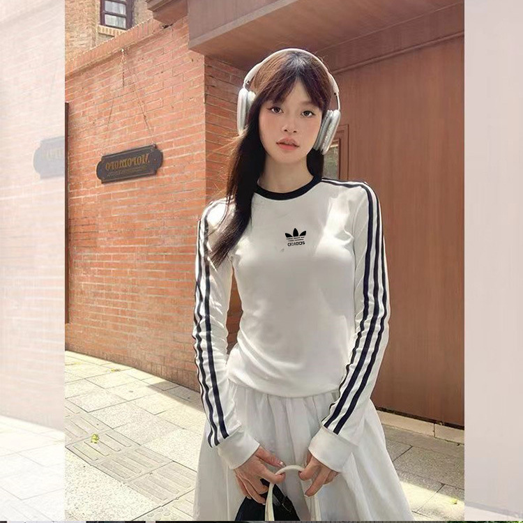 Clover Embroidered Spring & Fall Long-Sleeved T-Shirt Outer Layering Shirt Slim Round Neck Slim Stripesd Thin Sweatshirt for Women