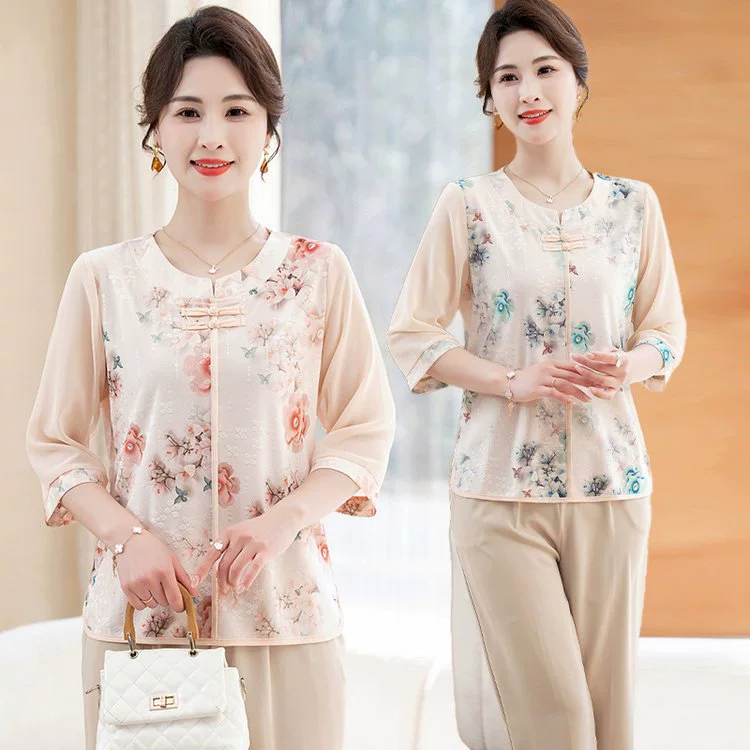 Весенне-летние свободные футболки для женщин среднего и пожилого возраста, стильные рубашки, закрывающие живот, новые летние шифоновые топы с рукавами средней длины для мам 2025 года.