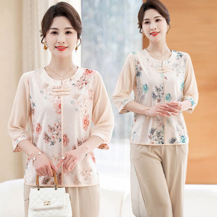 Middle-Aged and Elderly Women's Spring and Summer Loose T-Shirts, Stylish Belly-Covering Shirts, 2025 New Mom Summer Mid-Sleeve Chiffon Tops Middle-Aged and Elderly Women's Spring and Summer Loose T-Shirts, Stylish Belly-Covering Shirts, 2025 New Mom Summer Mid-Sleeve Chiffon Tops