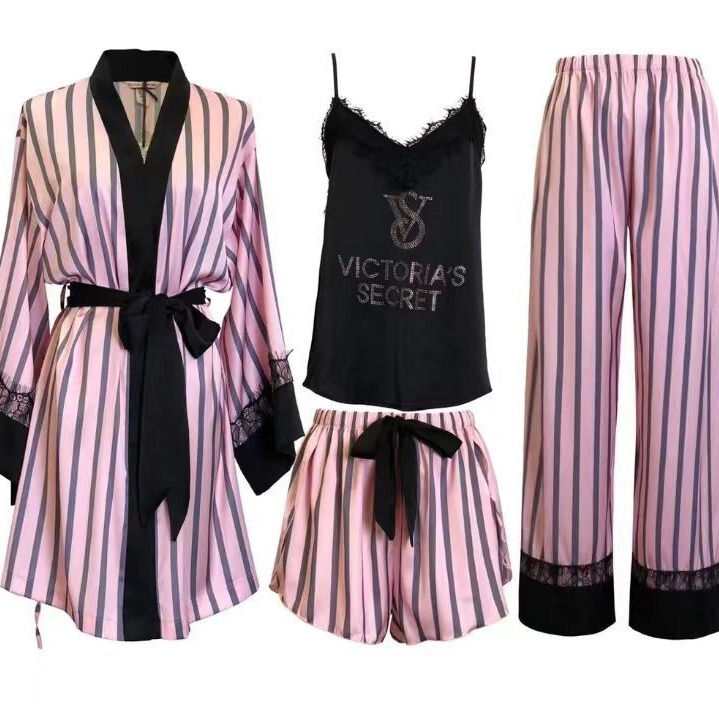 Autumn Foreign Trade Ice Silk Pajamas Women's Secret Hot Drilling Stripe Color-matching Lace Lace Nightgown Four-piece Home Clothes Set