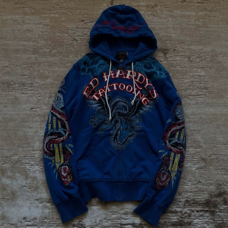 Heavy-duty rhinestone tattoo print hooded zip-up sweatshirt in blue with snake and bamboo all-over print, ED HARDY unisex casual zip-up hoodie