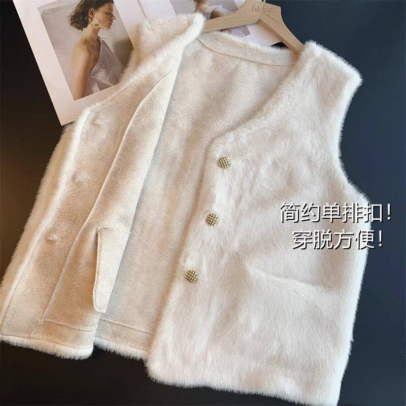 Áo vest nữ phối lông cừu cổ chữ V dáng ngắn mặc ngoài mùa đông — màu xám nhạt, đen chi tiết 8