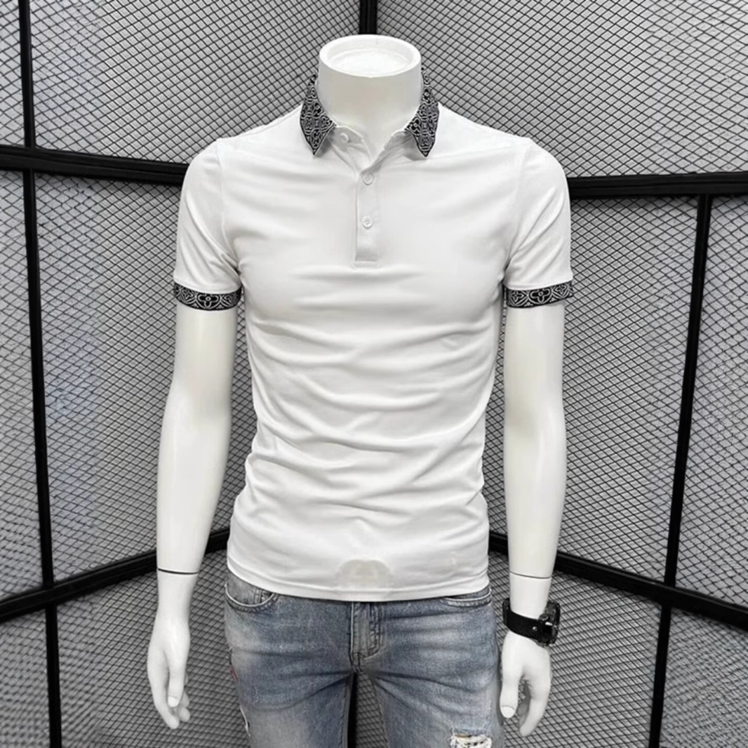 Summer Trendy Brand 2025 New Pattern Collar Polo Shirt Men's Short-sleeved All-match Trendy Slim-fit High-end Collar T-shirt
