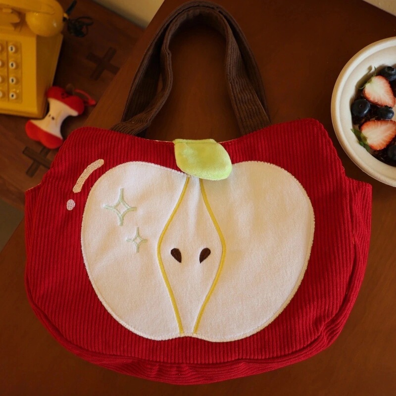 Cute Apple Handbag Corduroy New Year Bag Versatile Commuting Eye-catching Handbag Storage Bag Portable for Autumn and Winter