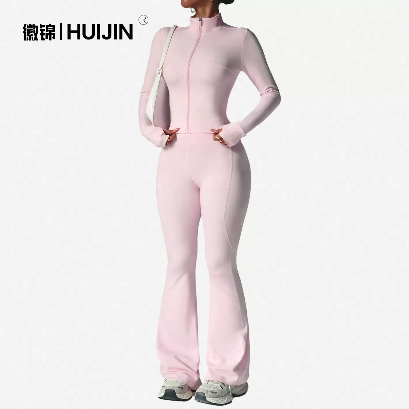 欧美跨境爆款运动瑜伽套装立领紧身拇指设计高腰微喇瑜伽服休闲