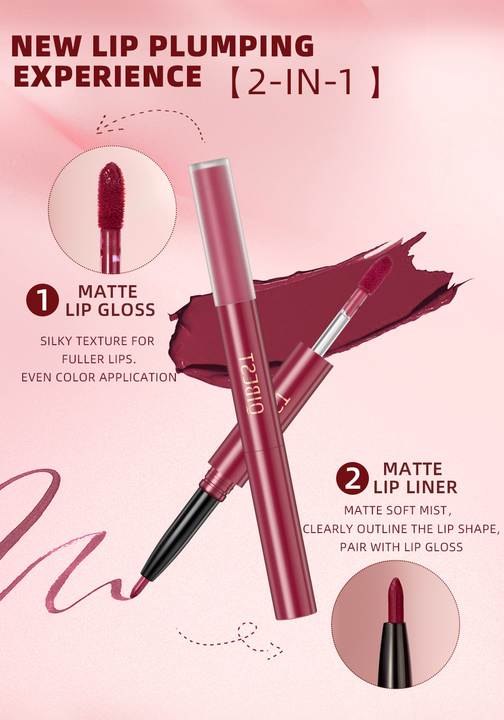 QIBEST Cross-border two-in-one Lip gloss and lip liner pen Waterproof matte velvet non-smudging double-headed lip gloss manufacturer wholesale Specification drawing