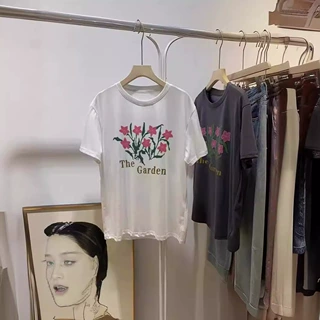 韩国东大门胖mm设计感花朵印花短袖T恤女夏美式复古显瘦纯棉上衣
