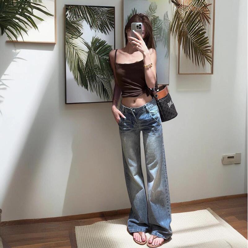 Low-Waisted Flared Jeans for Women, Summer and Spring Wide-Leg Loose Straight Flared Pants, Women's Denim Pants That Make You Look Taller and Slimmer