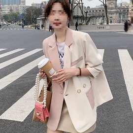 小众设计小西装短外套女2025春秋新款高级感粉色拼接炸街休闲西服