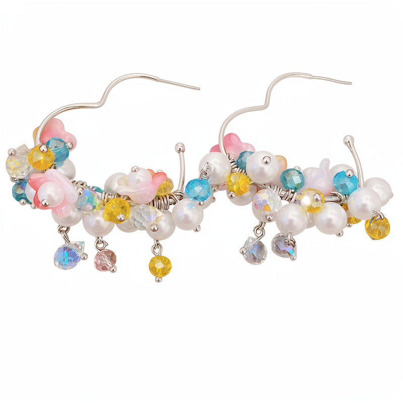Ramas de flores coloridas ~ flores de aguja de plata bordas perlas aretes de moda de estilo dulce aretes de lujo ligero de alta calidad aretes para mujeres