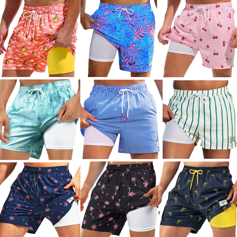 European and American swimming trunks beach pants two-in-one men's anti-embarrassment loose quick-drying boxer swimsuit l two-piece professional shorts