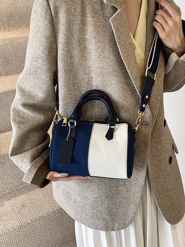 Bolso de Boston para mujeres de comercio exterior nuevo denim color contrastante empalme bolso de almohada de mano alta sensación de hombro mochila