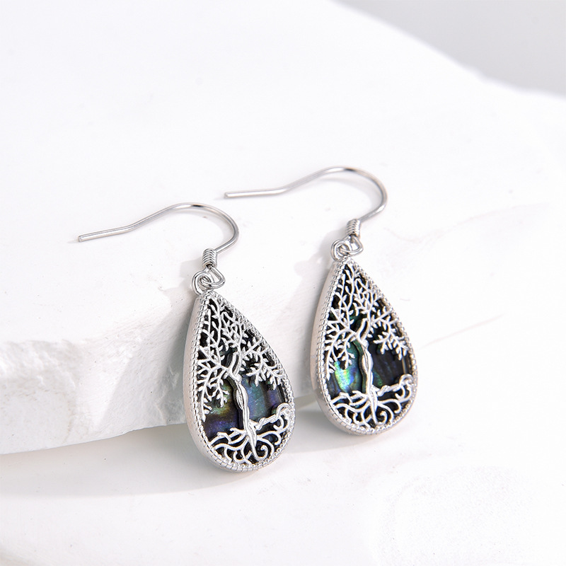 925 plata esterlina árbol de la vida pendientes de orejas para mujeres, lujo ligero estilo europeo y americano de alta calidad pendientes en forma de gota de cáscara de abollo