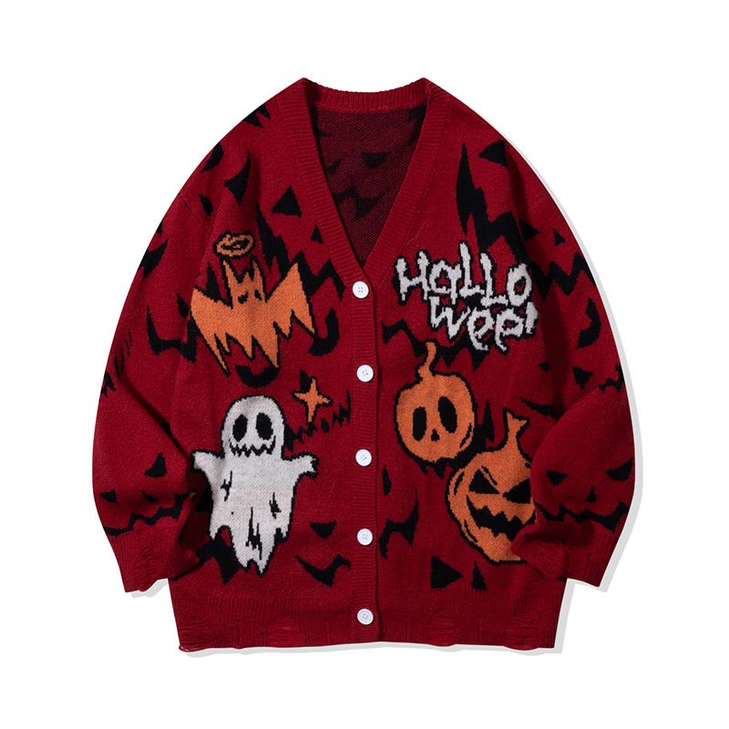 YWFG mujeres americanas retro calavera cardigan 2024 otoño pareja alta versátil cuello redondo manga larga jersey