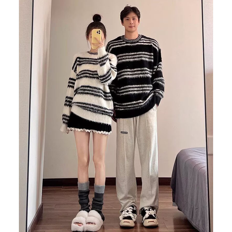 Explosiones transfronterizas de tamaño europeo de tamaño grande jersey peludo a rayas camiseta de punto suéter pareja de hombre otoño invierno fábrica al por mayor