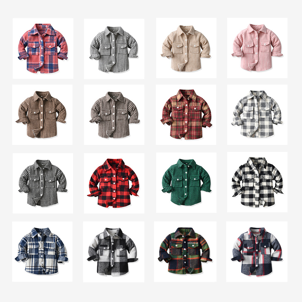 Camisa a cuadros para niños, rebeca de manga larga cepillada de un solo pecho con solapa para niños, chaqueta de moda coreana para bebés para hombres y mujeres