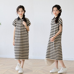 女童連衣裙2024夏新款POLO領連衣裙中大童休閒長裙親子裝連衣裙