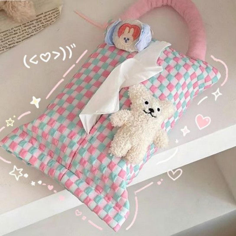 Car tissue box with cream decoration and little white bear design, car tissue holder for seat back, creative hanging tissue storage box