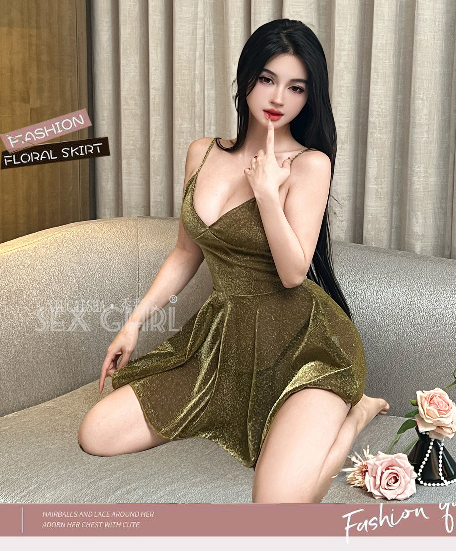 Xiucaisha Gold Uniform-Style Lingerie Set with Slip Dress, Thong and White Stockings — detail image 35