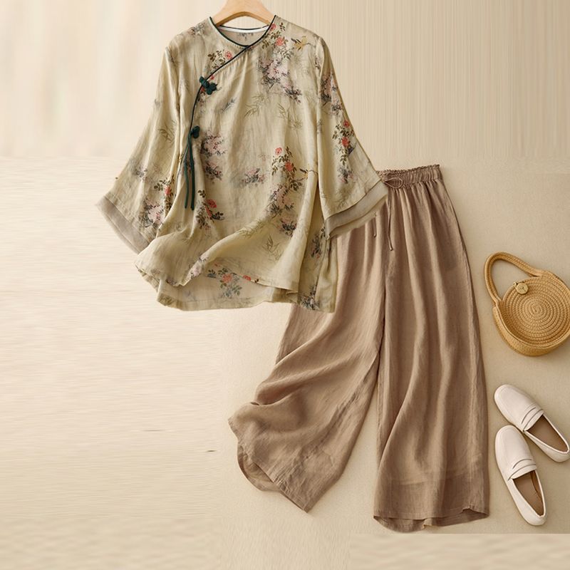 新中式妈妈夏装套装中老年棉麻复古盘扣衬衫上衣亚麻阔腿裤两件套