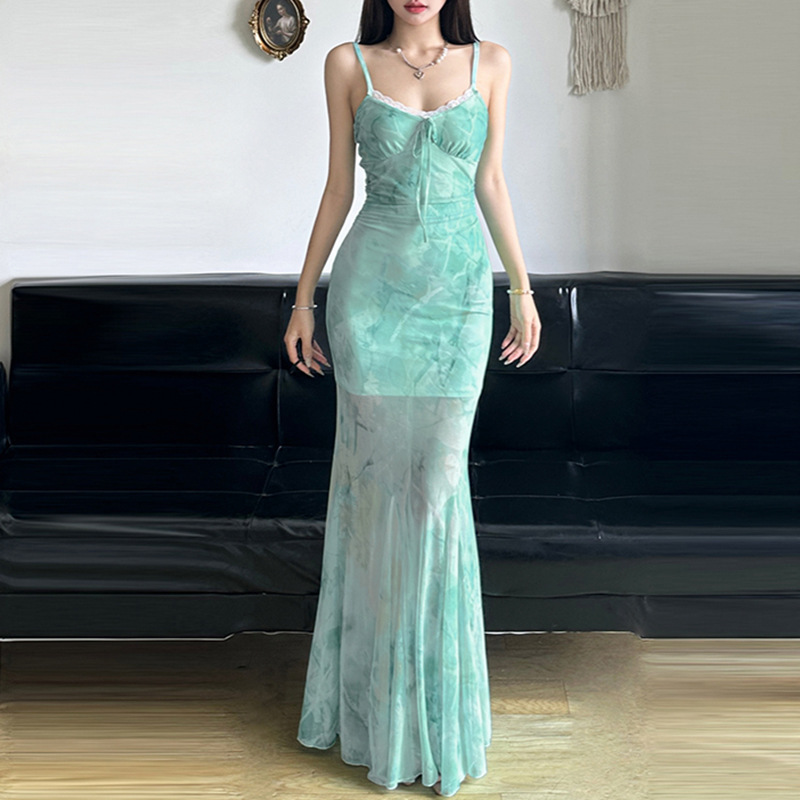 2025 Spring and Summer Fresh Mint Green Mesh Suspender Dress Lace Spliced ​​Breast Shape High Waist Mermaid Princess Long Dress