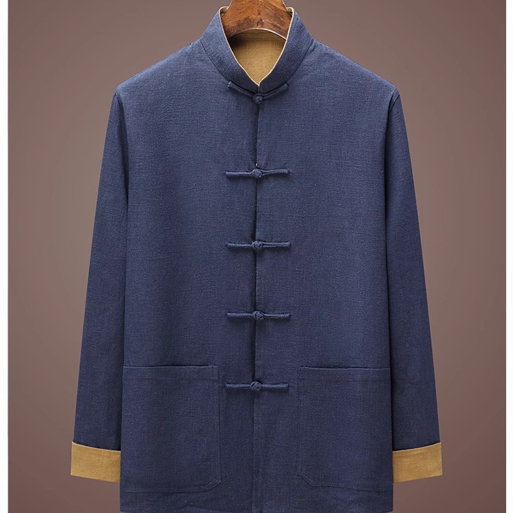 High-end Chinese style Tang suit reversible linen men's outerwear for middle-aged and elderly men, spring and autumn Hanfu style top.