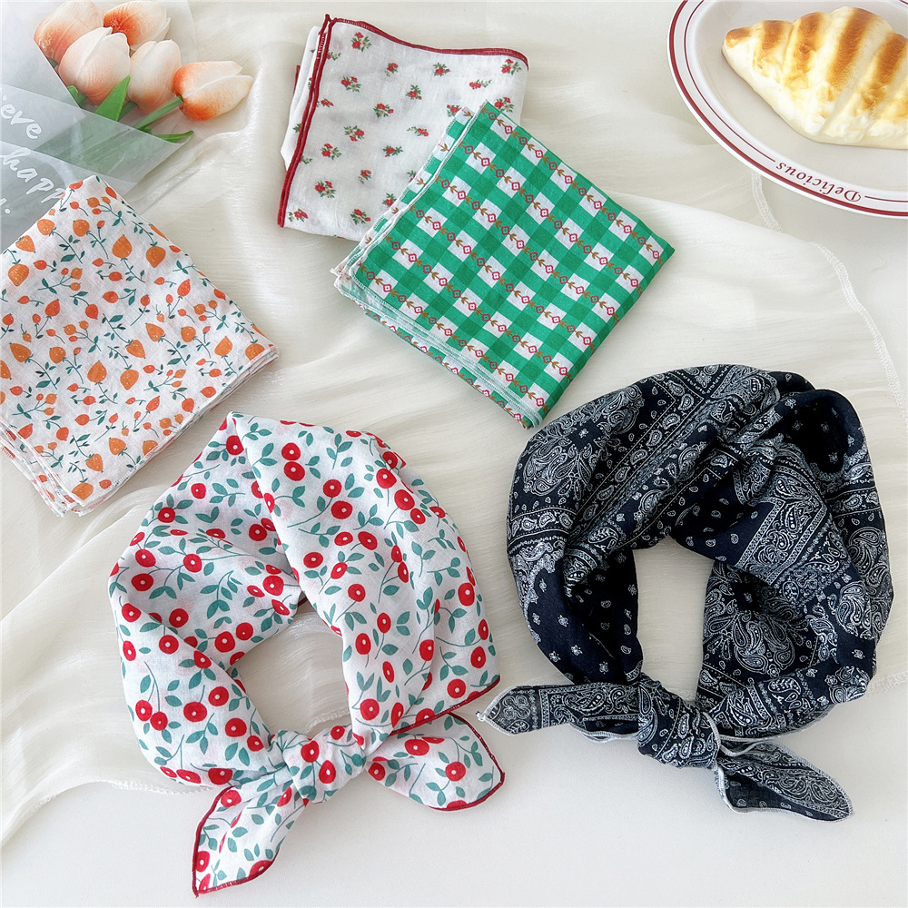 55棉麻日系头巾夏秋季百搭碎花方巾小领巾女薄款小清新装饰丝巾