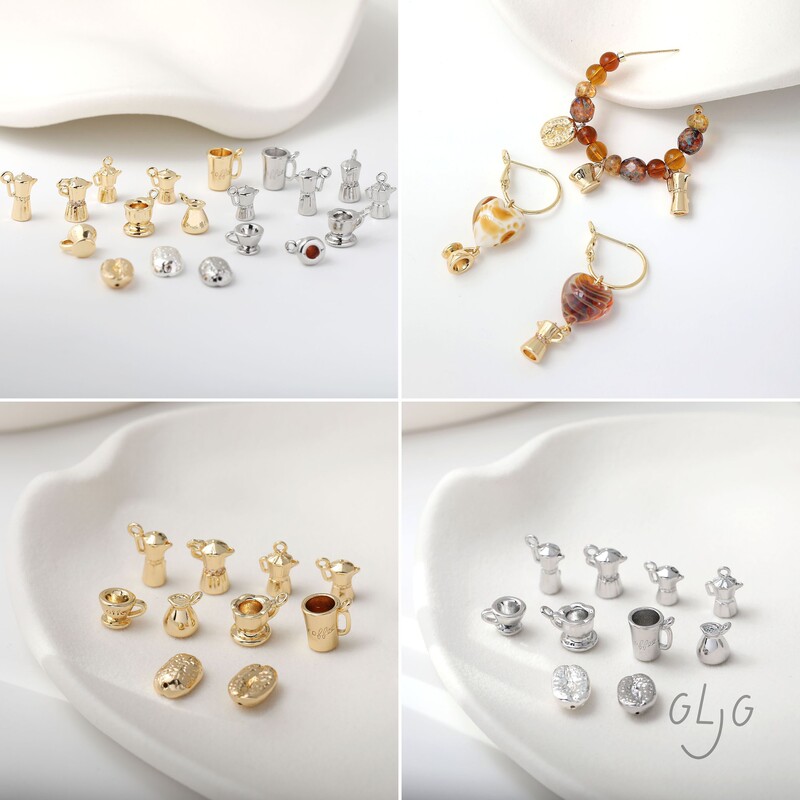 14K Electroplated Real Gold Retro Coffee Series Milk Coffee Pot Pendant DIY Handmade Earrings Necklace Material Accessories