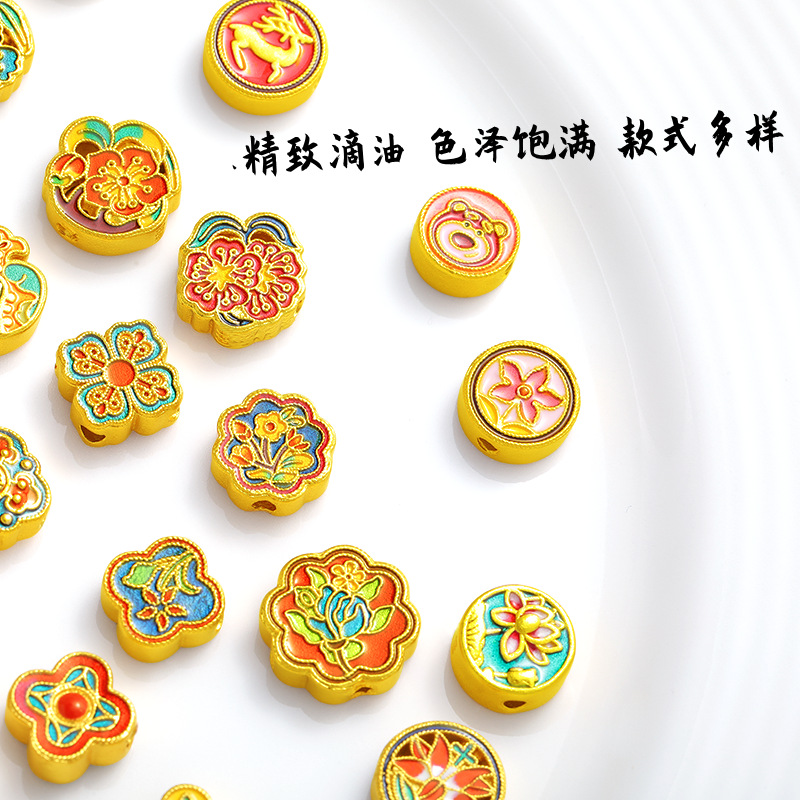 Copper Gold-Plated DIY Jewelry Accessories Wholesale, High Color Retention, Enamel Small Spacer Beads with Fortune Character, Through-Hole Enamel Jewelry