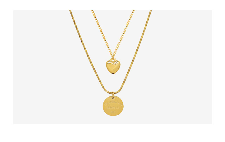Collier double couche cœur disque en acier titane doré_voghion.com
