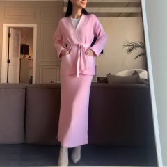 欧美女装跨境外贸时尚2025秋新款保暖口袋开衫系带百搭针织毛衣裙