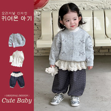 婴幼儿初冬深秋针织衫套装小女孩洋气毛衣开衫加绒波点长裤三件套