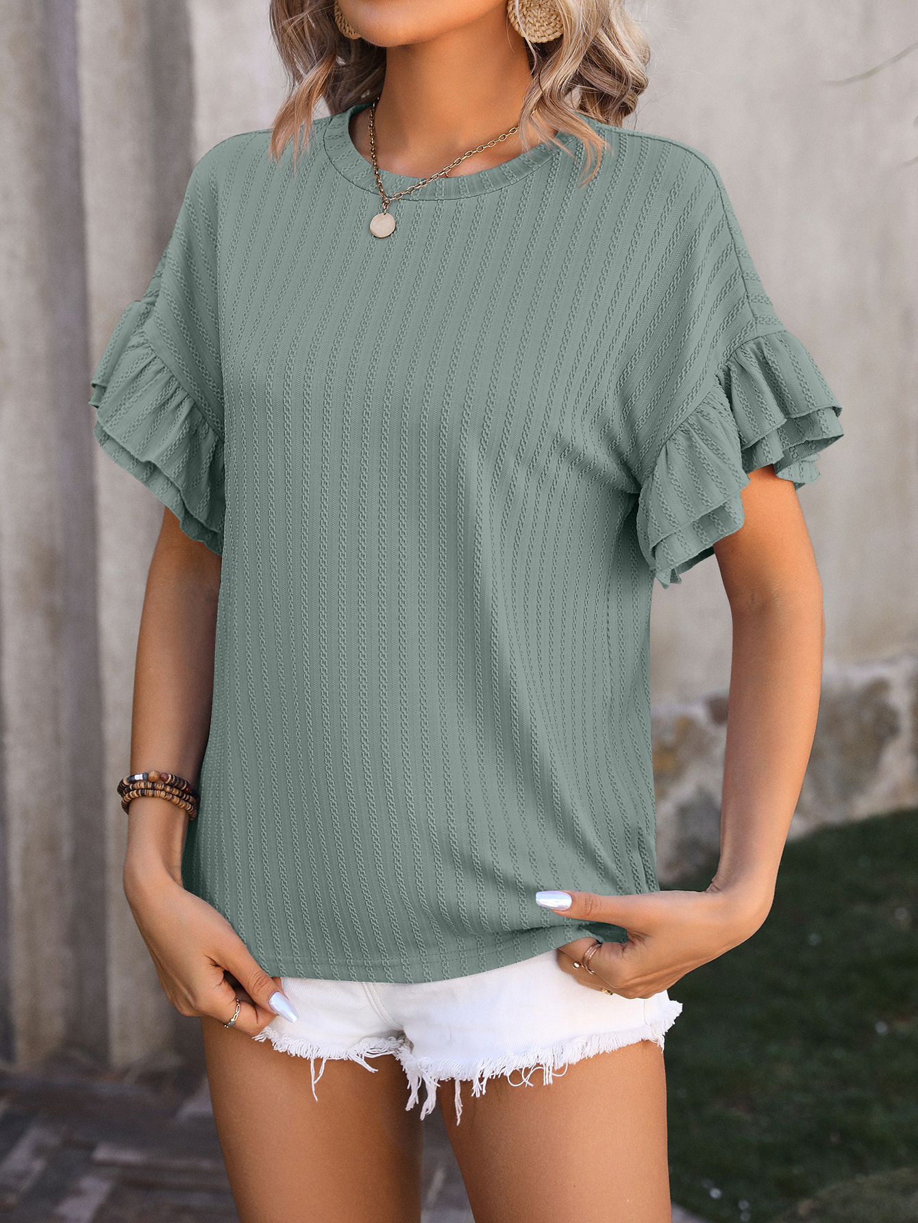 210g Weight Short Sleeve Sleeve Length Pullovers Placket Type Flounce Sleeve Sleeve Type Spandex, Polyester Fabric Type Regular Top Length T-shirt Tops Type Daily Occasion Round Neck Neckline Loose Fit Type Solid Color Pattern Summer, Spring Season Women's Gender Elegant Style Wholesale Women's Elegant Solid Color Short Sleeve T-Shirts 20