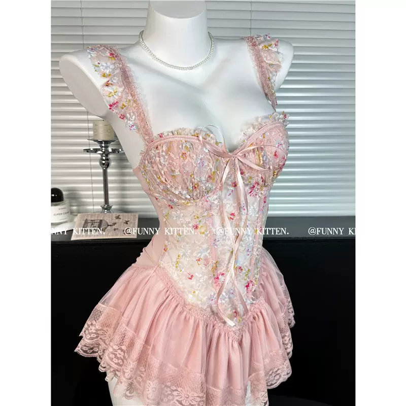 西诗 春雾颂 纯欲蕾丝碎花吊带睡裙女带胸垫聚拢显瘦睡衣