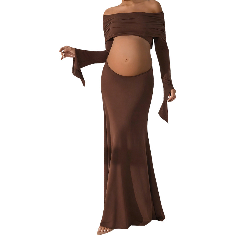 Cross-Border European and American Style Maternity Dress with Exposed Belly, Slimming Effect, One-Shoulder Ruched Long-Sleeve Dress with Drape Effect, Belly-Supporting Long Dress for Late Pregnancy