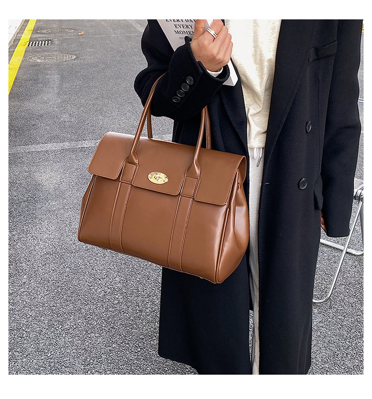 Square Shape Women's Large Pu Leather Solid Color Elegant Vintage Style Square Lock Clasp Tote Bag