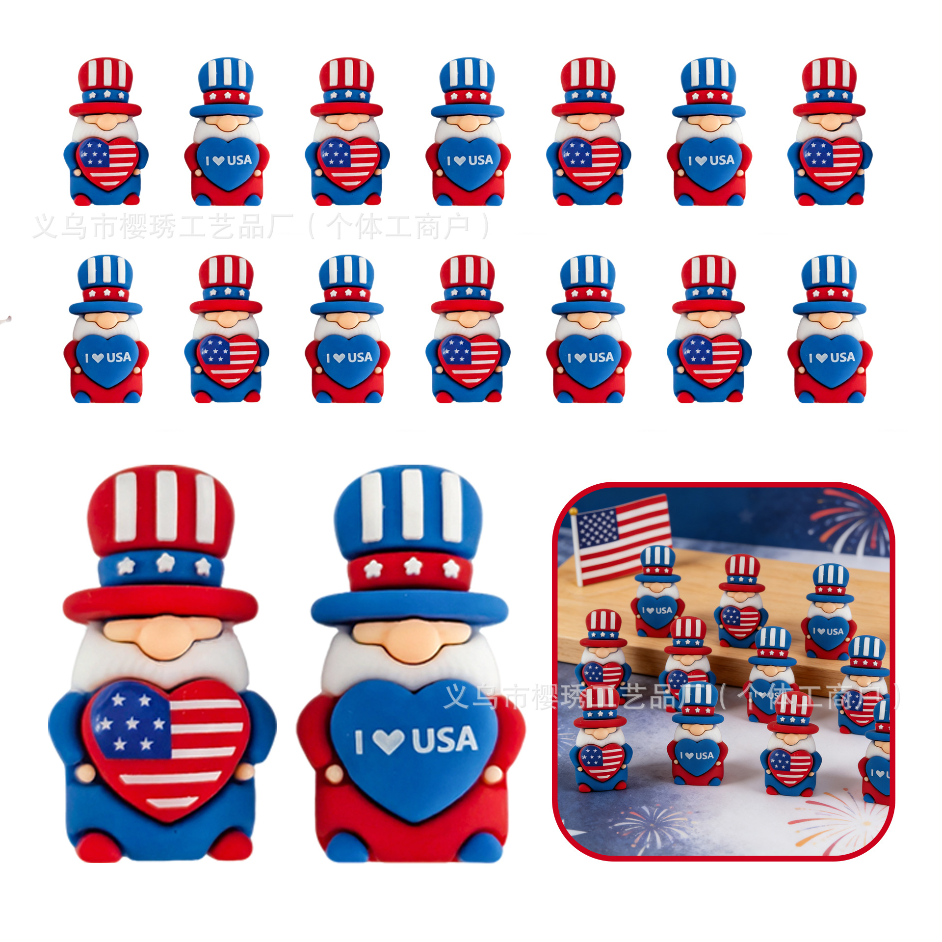 Nuevos productos transfronterizos Día de la Independencia de los Estados Unidos dibujos animados enanos estereoscópicos joyas de fiesta decoraciones muñecas enanas